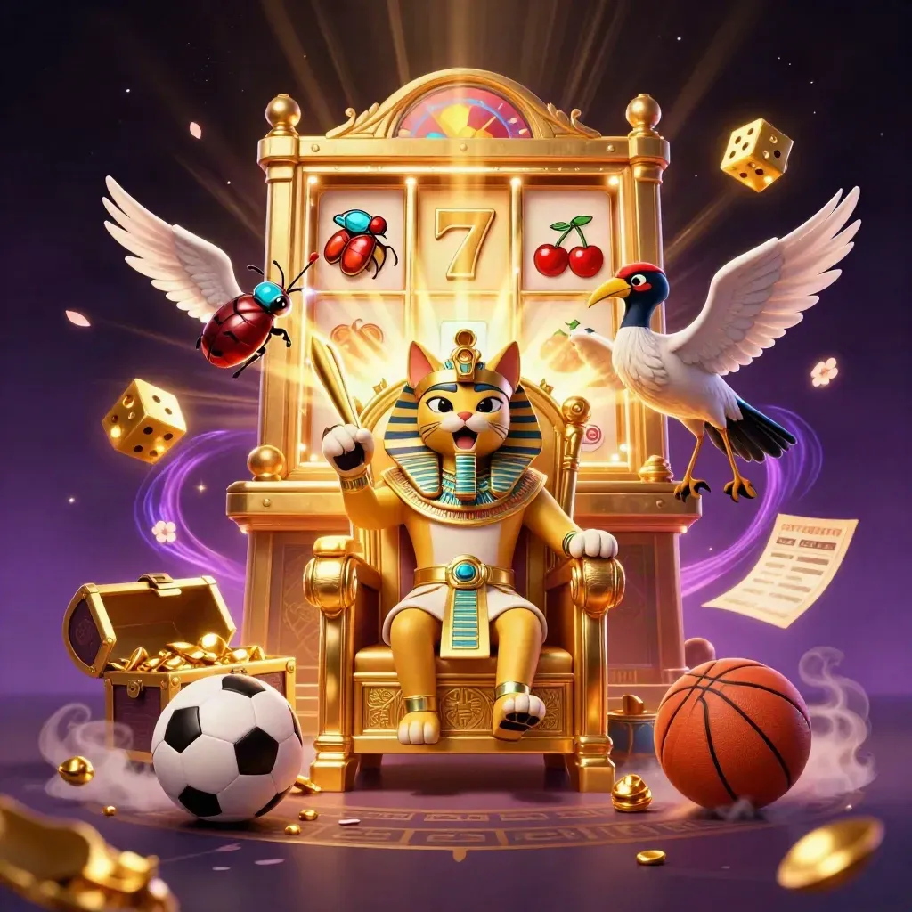 Pharaoh cat, ibis scribe and scarabs amid a jackpot blast, dice, balls and gold on a purple-black backdrop.