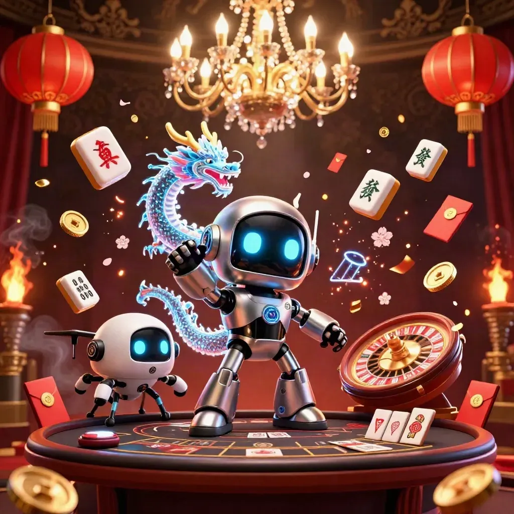 Cyberpunk robot, holographic dragon, and coin drone in a lavish casino scene with lanterns, coins, and fireworks.