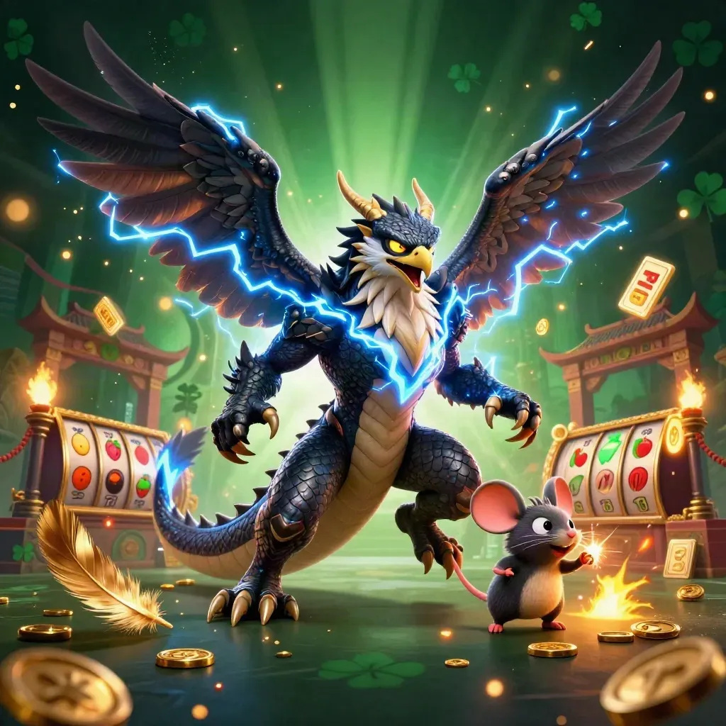 Blue lightning dragon, winged hawk, and spark mouse amid casino relics and gold