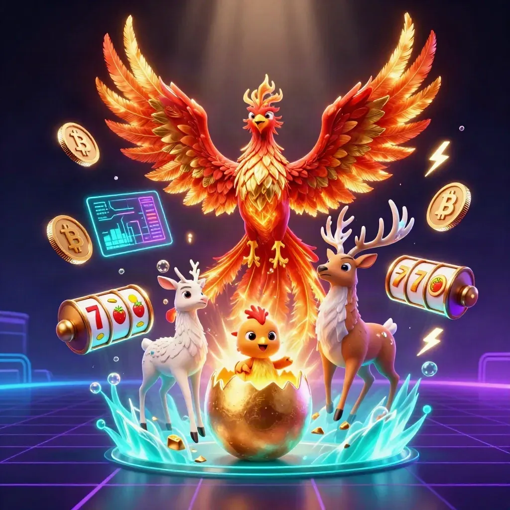 Phoenix, hatchling, and stag amid neon coins, reels, and circuit energy in a dark casino glow.