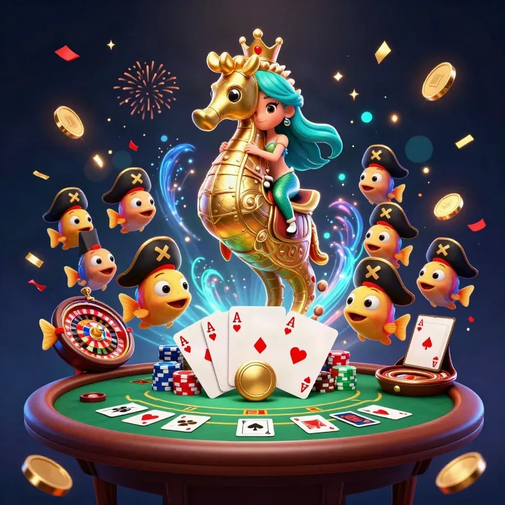 Mermaid princess on a golden seahorse amid chips, cards, fireworks, and gold coin bursts.