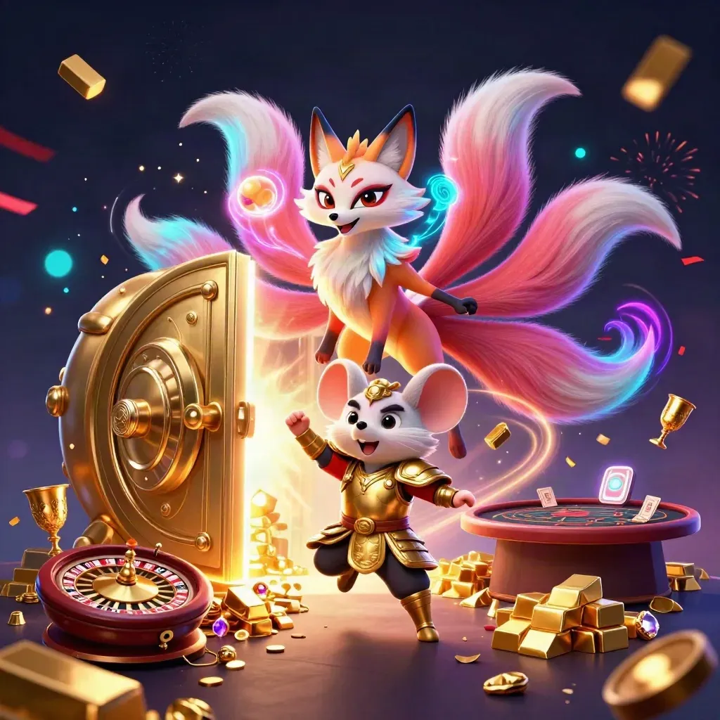 Neon fox spirit and armored mouse amid exploding vault gold, casino lights, and fireworks
