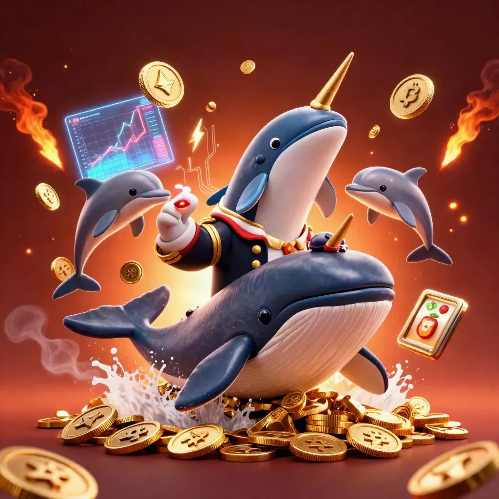 Whale captain, narwhal and dolphins burst through gold coins amid neon crypto casino glow.